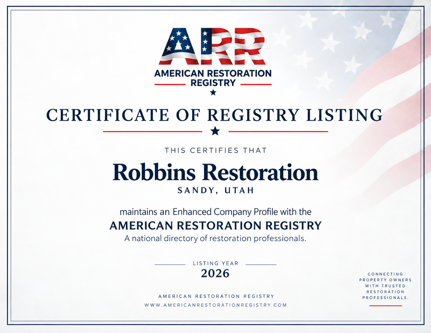 Example ARR listing certificate